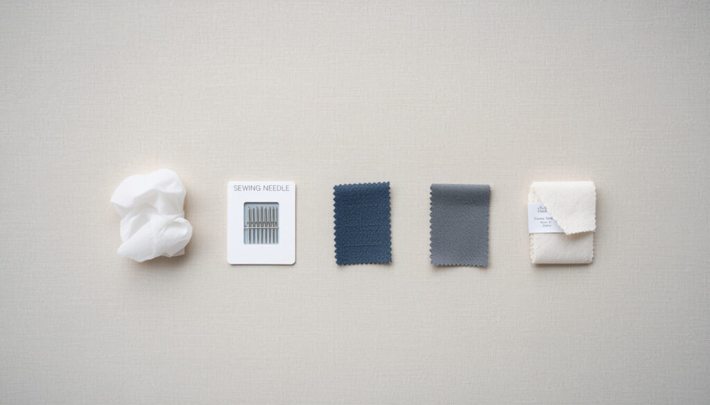 sewing-machine-needle-sizes-fabric-types.jpg Different sewing machine needle sizes laid out next to matching fabric swatches