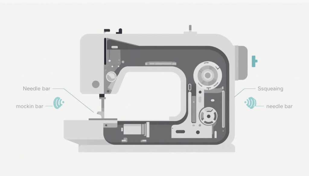 sewing-machine-noise-diagnosis-diagram.jpg Illustration of a sewing machine's internal mechanism showing where grinding, knocking, and squeaking sounds originate