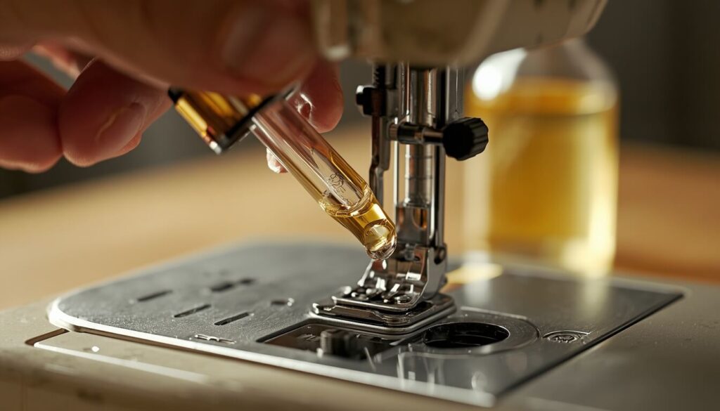 sewing-machine-oil-substitute-caution.jpg Hand applying sewing machine oil near a household oil bottle in the background