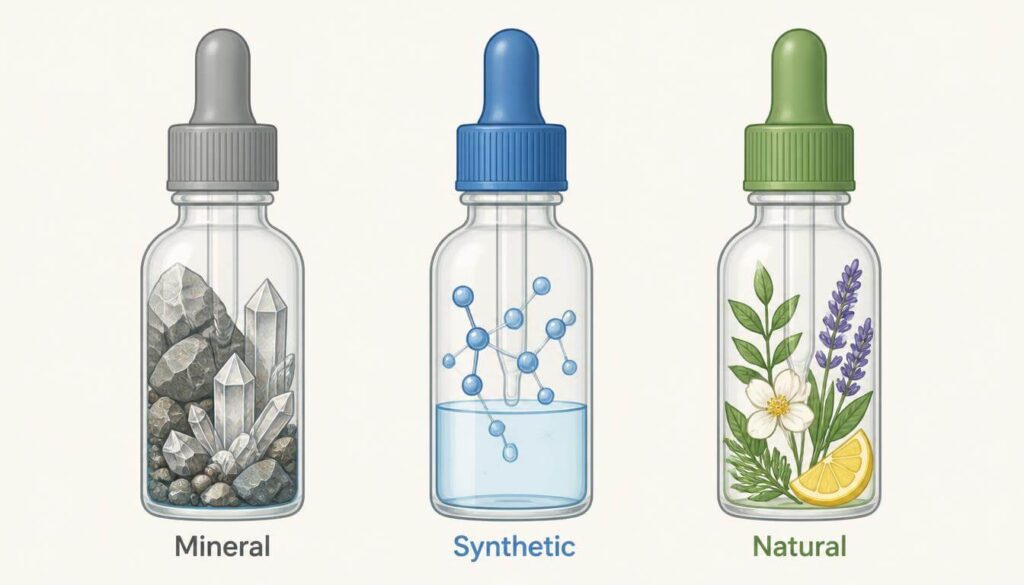 sewing-machine-oil-types-diagram.jpg Diagram comparing mineral, synthetic, and natural sewing machine oil bottles