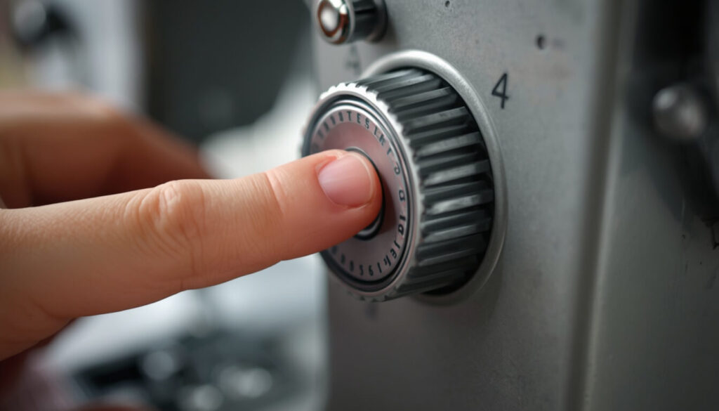 sewing-machine-tension-dial-adjustment.jpg Hand adjusting sewing machine tension dial to setting 4 to fix thread breaking