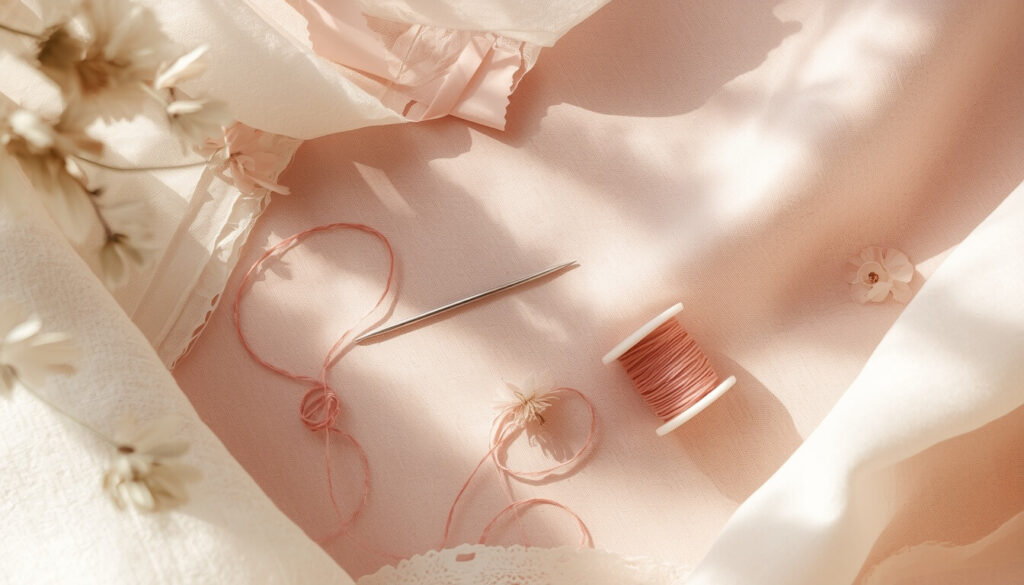 Cute illustration of a sewing needle, thread spool, and hook representing sewing machine timing