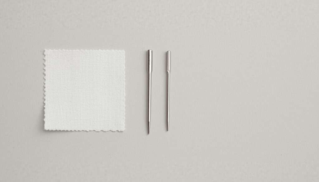 sewing-needle-sizes-for-hemming-pants.jpg Two sewing machine needle sizes compared beside lightweight and heavyweight pants fabric