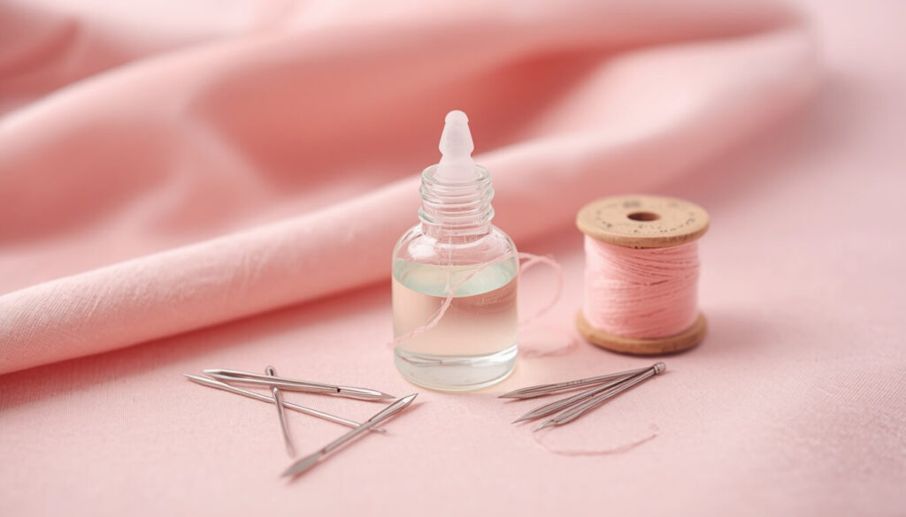 Bottle of clear sewing machine oil with applicator tip beside thread and needles