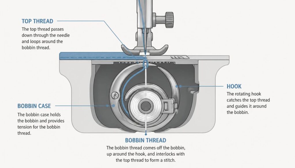 bobbin-hook-mechanism-diagram.jpg Illustration showing the bobbin case and hook mechanism interlocking top and bottom thread