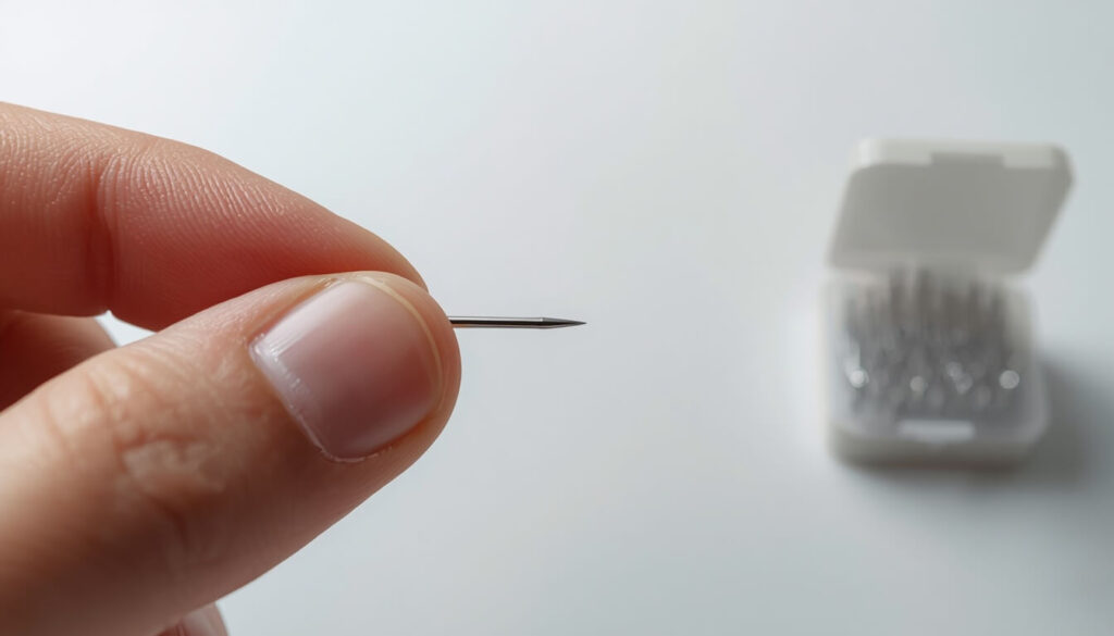 checking-bent-sewing-needle.jpg Hand checking a sewing machine needle for a bend against a flat surface