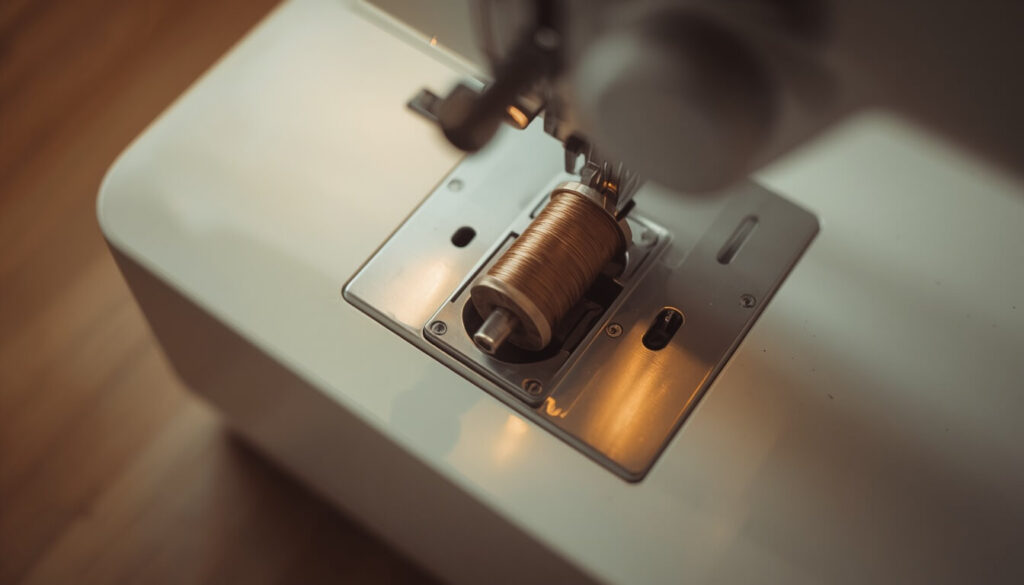 Bobbin correctly seated in an open sewing machine bobbin case