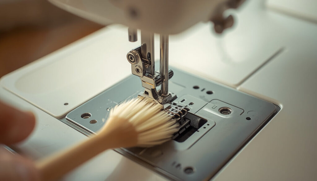 cleaning-lint-sewing-machine-feed-dogs.jpg Soft brush cleaning lint buildup from sewing machine feed dogs to restore fabric feeding