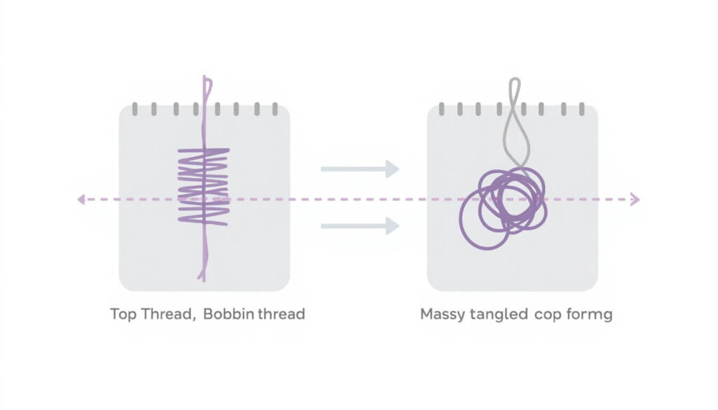 Illustration comparing a properly interlocked stitch to a tangled thread nest underneath fabric