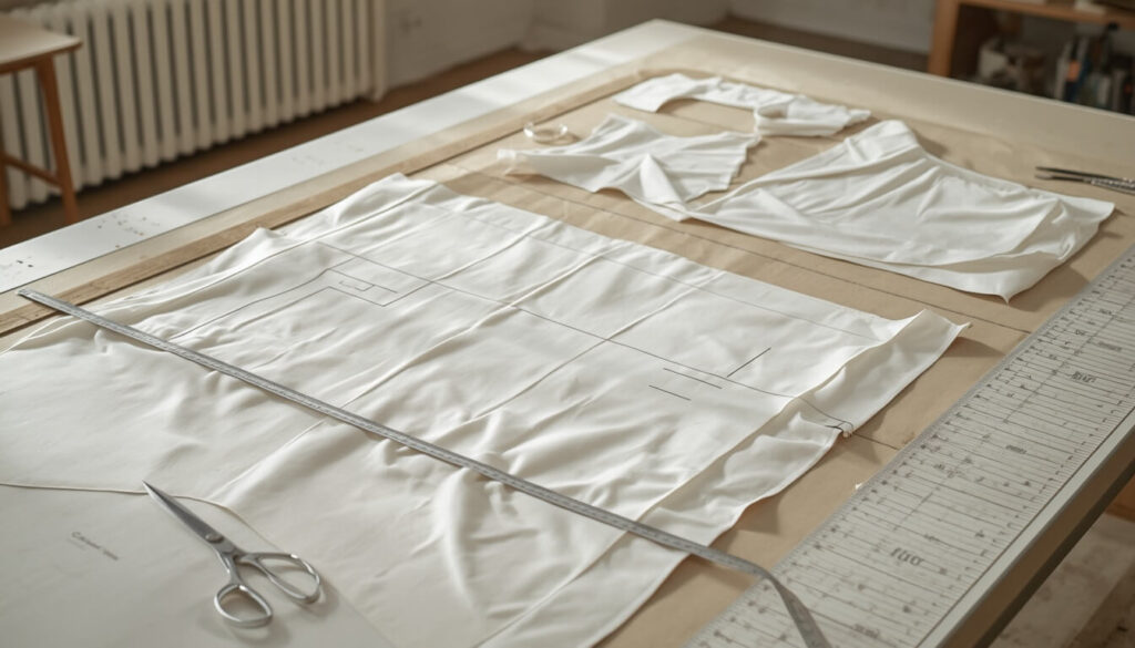 dress-pattern-fabric-layout.jpg Dress pattern pieces arranged on fabric before cutting