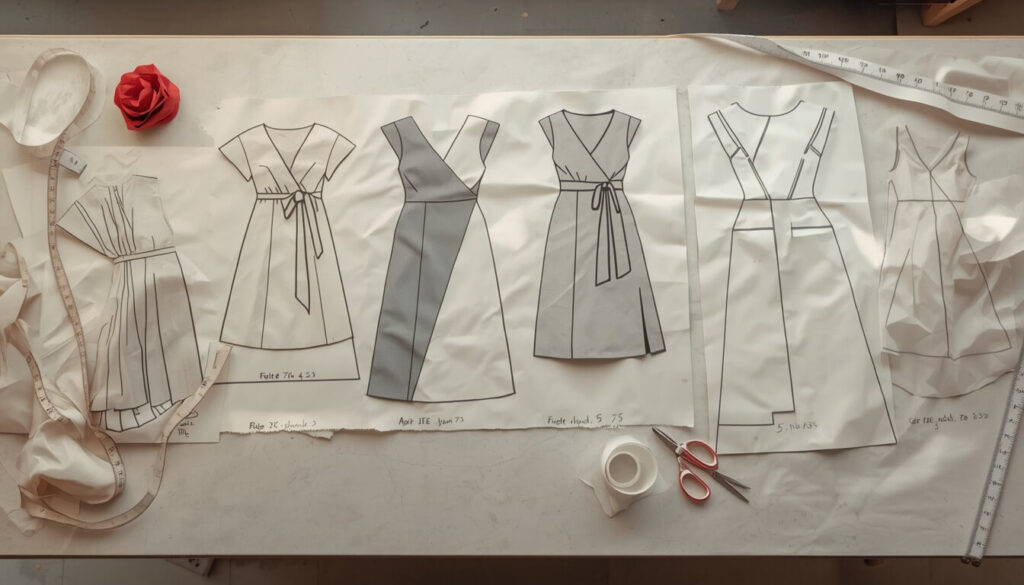 dress-yardage-by-style.jpg Dress pattern layouts showing fabric yardage differences by style