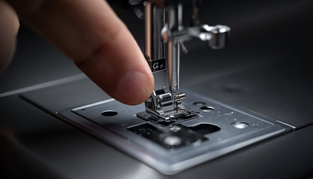 dropping-feed-dogs-button.jpg Finger pointing to the feed dog drop lever on a sewing machine near the needle plate