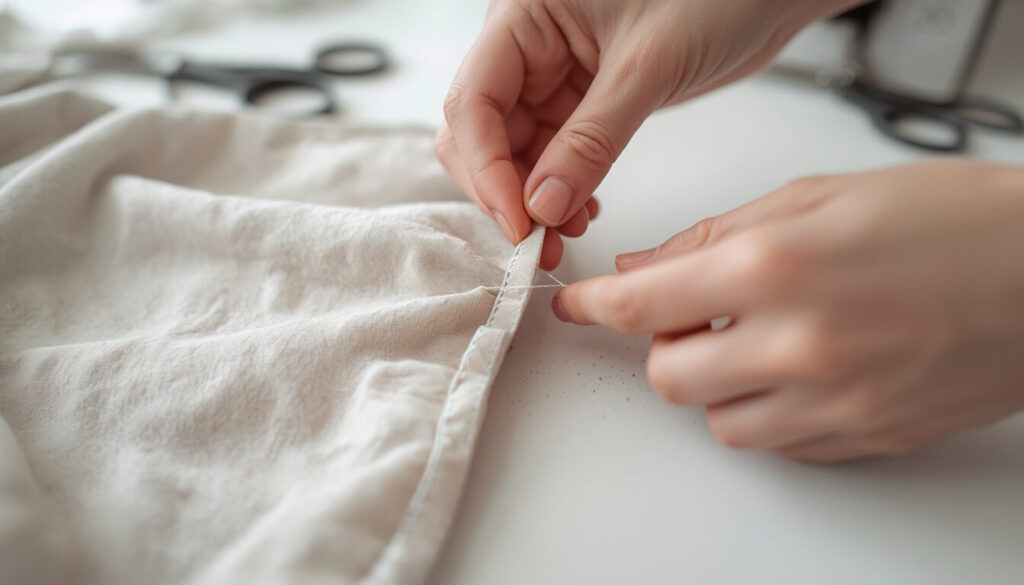 easing-curved-dress-hem.jpg Hands pulling a basting thread to gather and ease a curved dress hem before folding