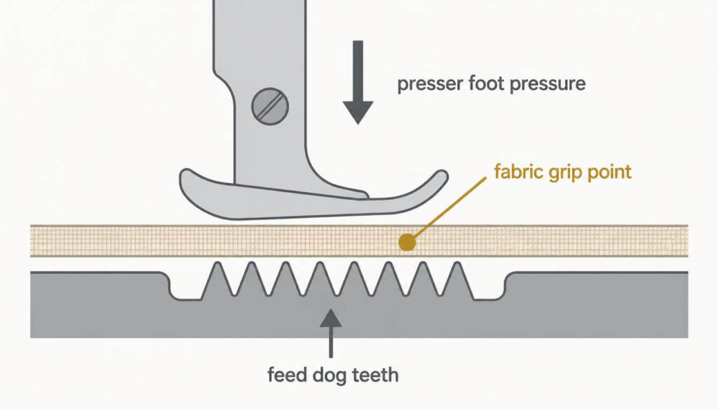 feed-dog-presser-foot-fabric-grip-diagram.jpg Illustration showing how presser foot pressure and feed dog teeth work together to grip and move fabric