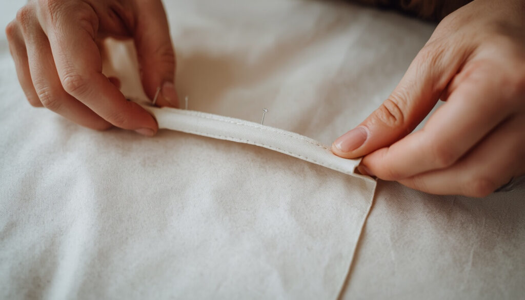 folding-back-blind-hem-allowance.jpg Hands folding fabric back to expose a narrow strip of hem allowance for a blind hem
