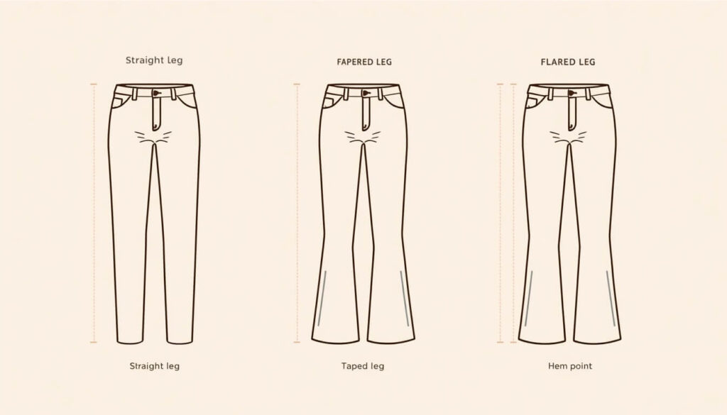 jeans-leg-shape-diagram.jpg Diagram comparing straight, tapered, and flared jeans leg shapes for hemming