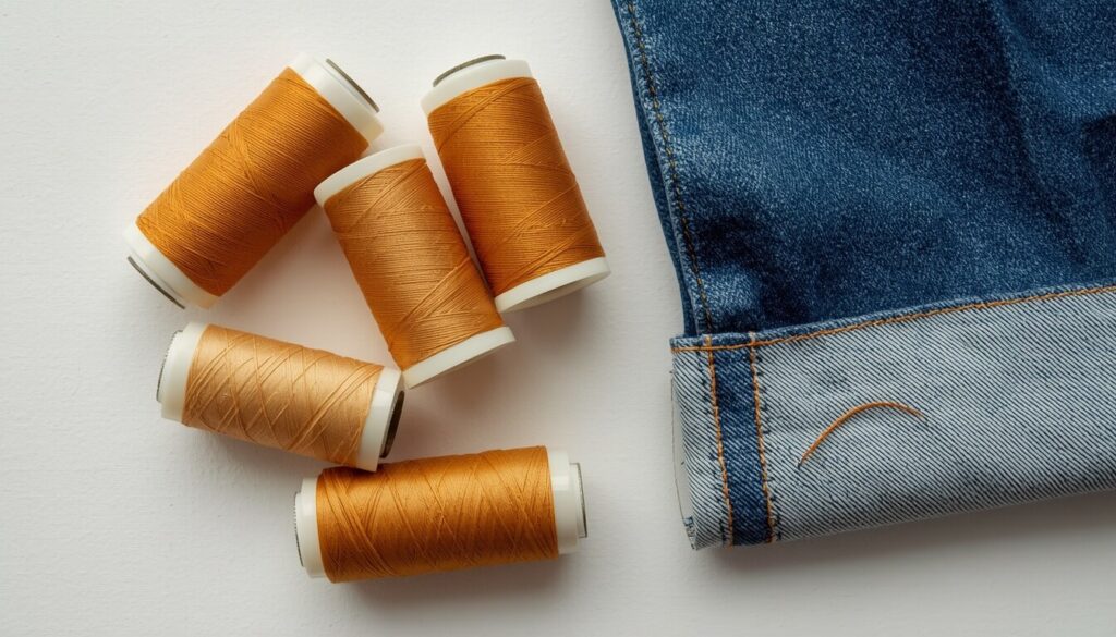 matching-jeans-topstitch-thread.jpg Spools of gold and tan thread being compared against jeans topstitching to find a match