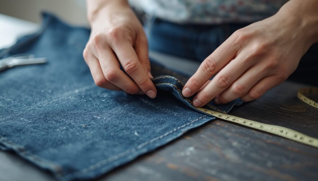 pinning-original-jeans-hem.jpg Hands pinning the original jeans hem in place along a chalk-marked fold line