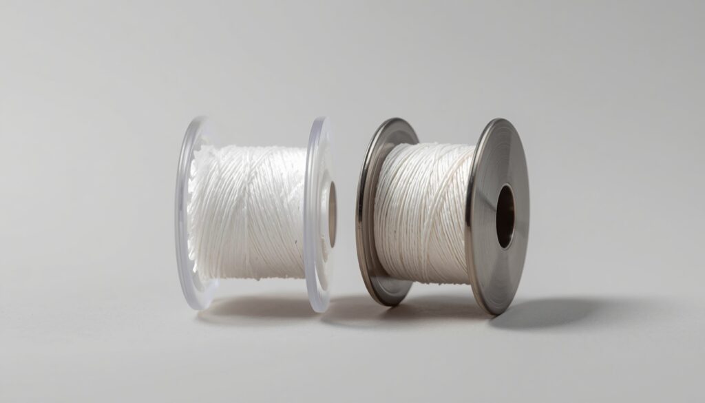 plastic-vs-metal-sewing-bobbin.jpg Clear plastic bobbin next to a metal bobbin, both wound with white thread
