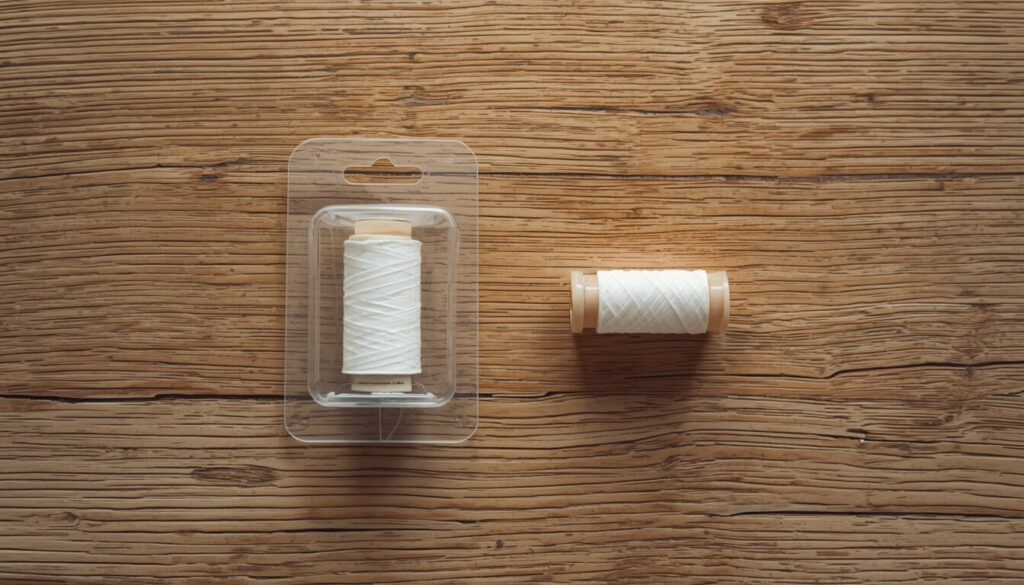 pre-wound-vs-self-wound-bobbin-comparison.jpg A pre-wound bobbin in packaging next to a self-wound bobbin and matching thread spool