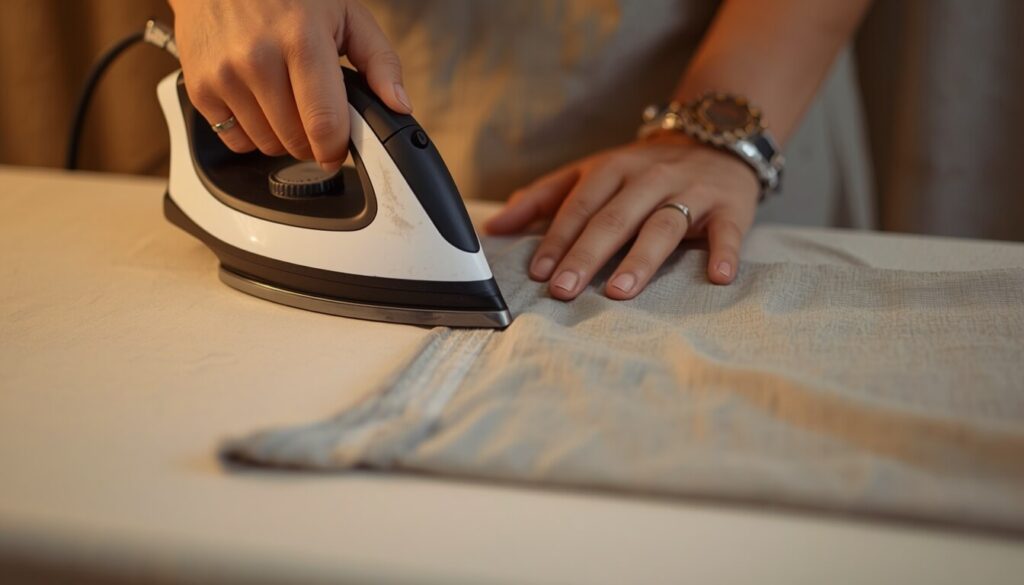 pressing-curved-dress-hem.jpg Hands pressing a folded curved hem flat with an iron before stitching