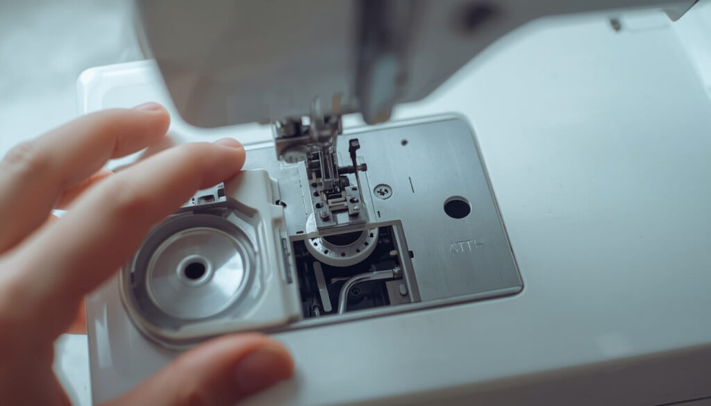 removing-empty-bobbin-sewing-machine.jpg Open sewing machine bobbin compartment showing an empty bobbin ready to be removed