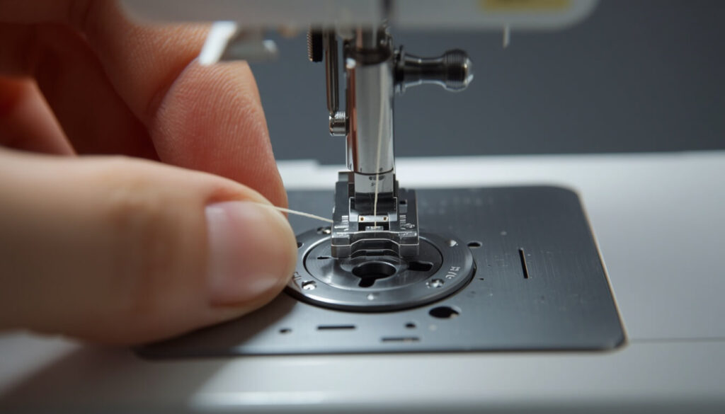 rethreading-tension-disc.jpg Thread being guided through a sewing machine tension disc with the presser foot raised