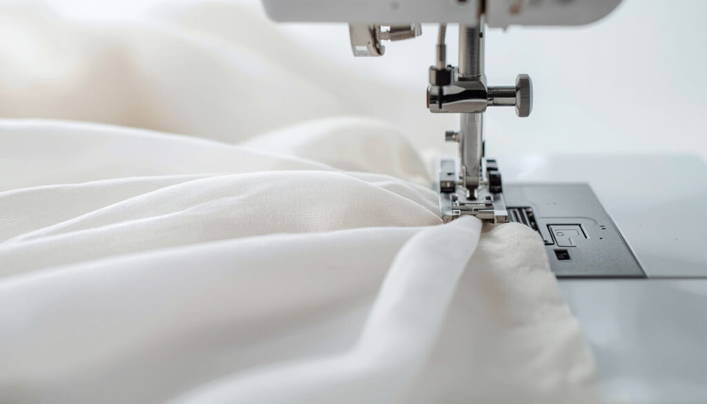 rolled-hem-foot-chiffon.jp Chiffon fabric feeding through a rolled hem foot to create a narrow rolled hem