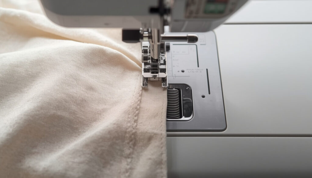 sewing-blind-hem-stitch.jpg Sewing machine needle stitching a blind hem, with straight stitches and one zigzag catching the fold