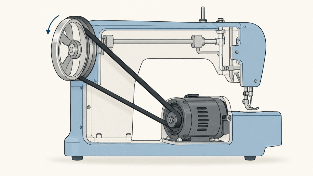 sewing-machine-drive-belt-diagram Diagram of a sewing machine drive belt connecting the motor to the hand wheel