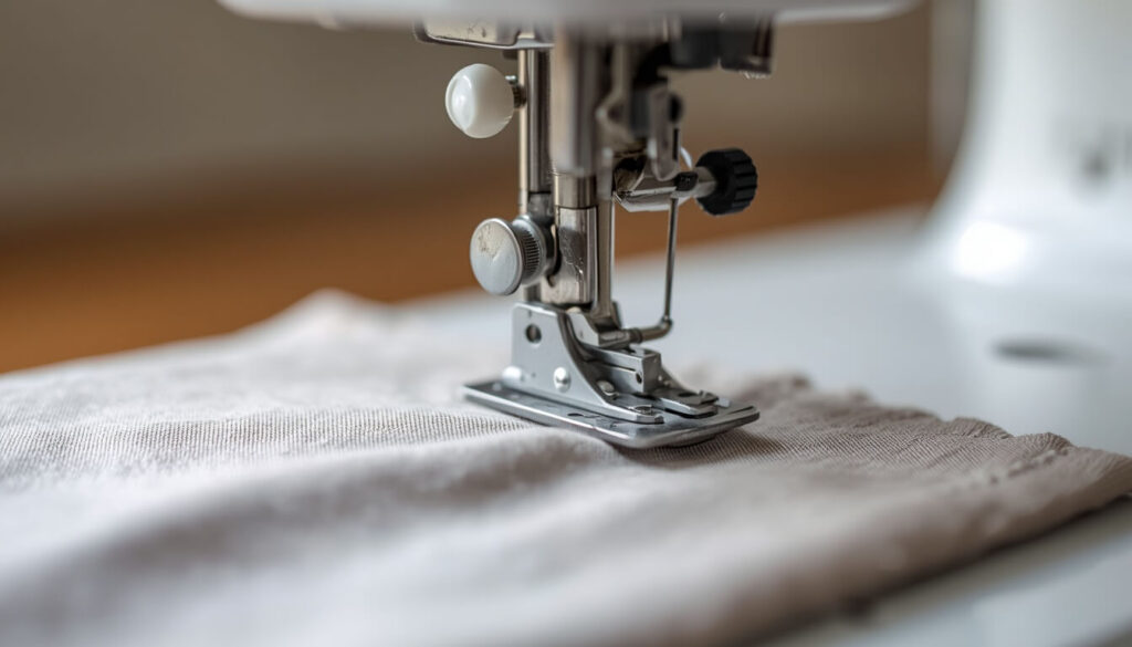 Sewing machine presser foot fully lowered onto fabric to engage top thread tension