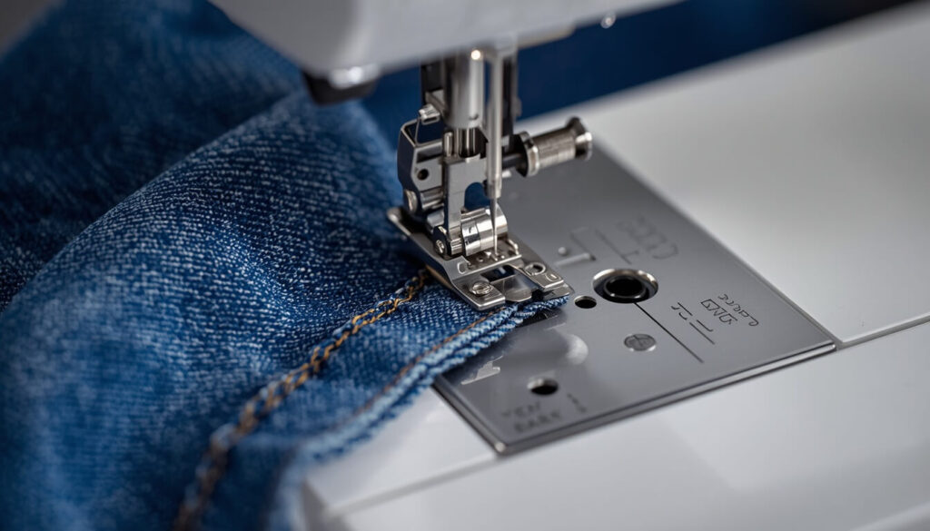 sewing-thick-denim-seam.jpg Sewing machine needle approaching a thick jeans side seam with a seam leveling tool underneath