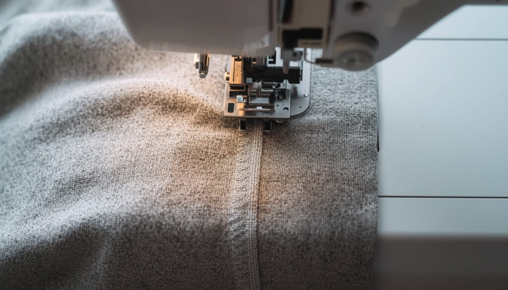 twin-needle-jersey-hem.jpg Two parallel rows of twin needle stitching on a stretchy jersey dress hem