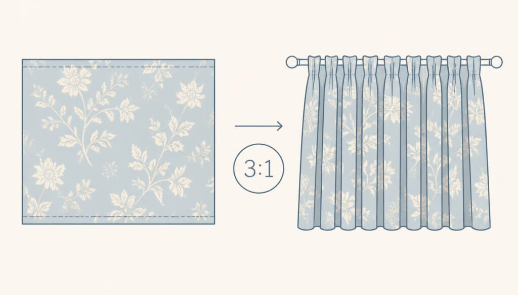 urtain-fullness-ratio-diagram.jpg Diagram showing flat fabric gathered into pleats at a 3 to 1 fullness ratio